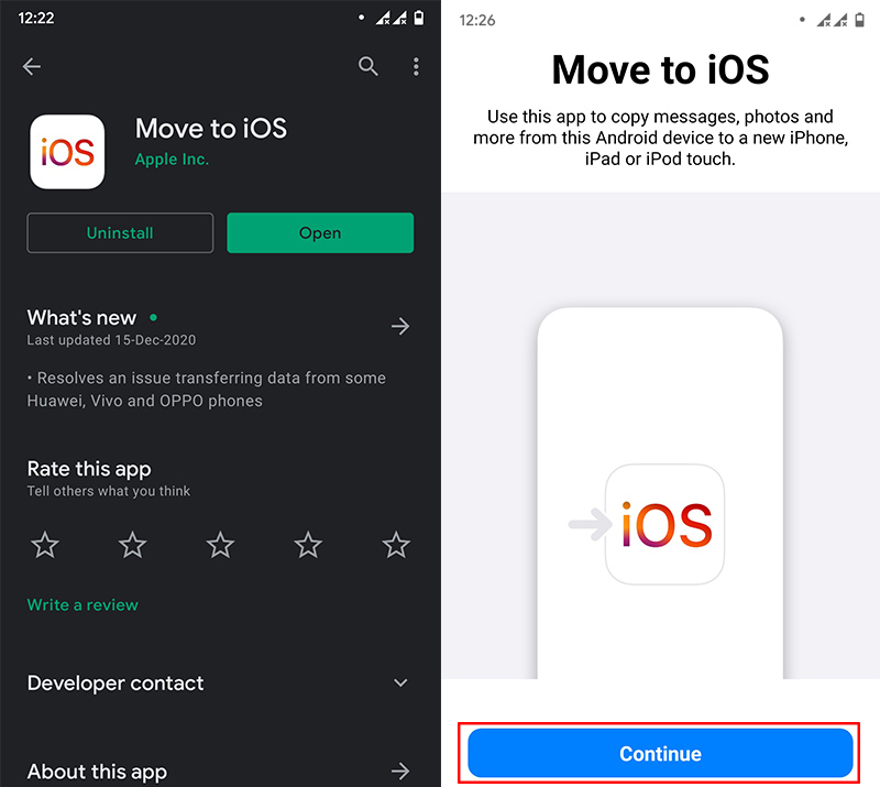 Using the Move to iOS app to transfer contacts from Android to iPhone

