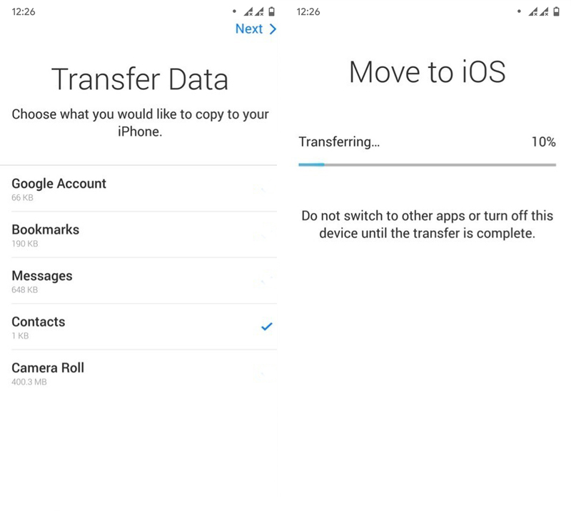 Using the Move to iOS app to transfer contacts from Android to iPhone
