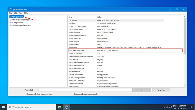 Check BIOS Version Using Microsoft System Information (MSINFO32)